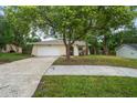 Well-kept single-story home with mature trees, manicured lawn, and a two-car garage enhancing curb appeal at 1131 Bentley Ave, Spring Hill, FL 34608