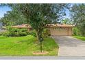 Home featuring mature landscaping, a spacious lawn, and a two-car garage and long driveway at 23302 Lucerne Pl, Land O Lakes, FL 34639