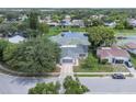 Aerial view of the property showcasing its proximity to a tranquil lake and lush greenery at 7701 Anaheim Ave, New Port Richey, FL 34655