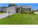 Well maintained single-story home featuring a paved driveway, lush lawn, and meticulously landscaped front yard at 2275 Terrace View Ln, Spring Hill, FL 34606