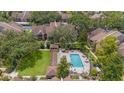Aerial view of a community pool with lounge chairs, picnic tables, and pergolas at 2500 Winding Creek Blvd # G106, Clearwater, FL 33761