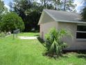 Backyard featuring healthy green grass, brick building, and some shrubbery under a sunny sky at 6030 17Th St, Zephyrhills, FL 33542