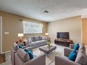 Inviting living room featuring modern sofas, soft carpet, and a large window for natural light and entertainment center at 11094 Auburndale St, Spring Hill, FL 34609