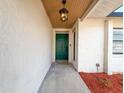 Welcoming front entrance featuring a vibrant green door and stylish overhead lighting at 1652 Larkin Rd, Spring Hill, FL 34608