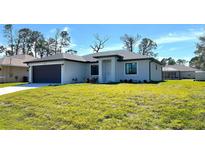 Single-story home with dark gray garage door and green lawn at 2017 Lovoy Ct, North Port, FL 34288