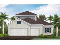 Two-story house with two-car garage, brown roof and light beige exterior at 8015 Anthirium Loop, Sarasota, FL 34240