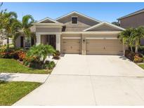 Stunning home featuring a 3-car garage, complemented by lush landscaping and towering palm trees at 5802 Alabaster Stone Ln, Apollo Beach, FL 33572
