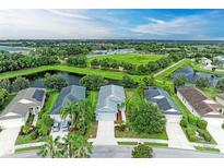 An aerial view of a house and its surrounding landscape featuring a pond, green spaces, and neighboring houses at 12198 Longview Lake Cir, Bradenton, FL 34211