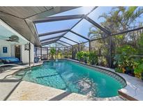 Screened-in pool area featuring a sparkling pool, tropical plants, and ample space for outdoor relaxation at 218 Brandywine Circle, Englewood, FL 34223