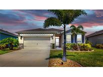 Charming single-story home featuring a two-car garage, complemented by a beautifully landscaped front yard at 3718 Mossy Limb Ct, Palmetto, FL 34221