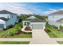 Newly built home with gray exterior, landscaping, and two-car garage at 14132 Campfire Ct, Parrish, FL 34219