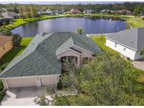 Aerial view of house, showcasing a large backyard and lake at 2603 River Woods Dr, Parrish, FL 34219