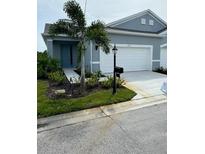 New single-story home with gray siding, two-car garage, and landscaped yard at 24732 Buckingham Way, Port Charlotte, FL 33980