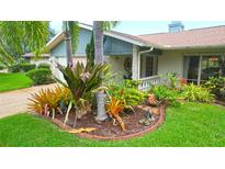 Landscaped front yard with lush tropical plants and a stone border at 915 S Doral Ln, Venice, FL 34293