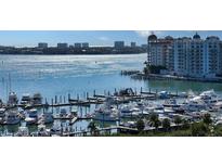 Scenic harbor view, showcasing numerous boats docked in the marina with luxury buildings in the background at 1255 N Gulfstream Ave # 1101, Sarasota, FL 34236