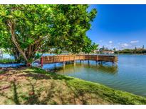 Private wooden dock extending over calm lake water at 4067 Lake Bayshore Dr # 302, Bradenton, FL 34205