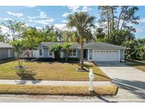 Newly renovated light blue house with a two-car garage, palm trees, and a well-manicured lawn at 1010 Southern Pine Ln, Sarasota, FL 34243