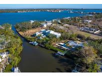 Aerial view of waterfront property with modern home and private dock at 1221 S Basin Ln, Sarasota, FL 34242