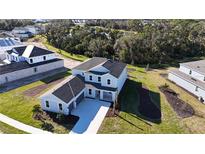 New construction home featuring light blue exterior paint, a gray roof and green landscaping at 9153 Radiant Cir, Sarasota, FL 34241