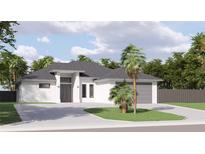Contemporary home with gray roof, white walls, and palm trees at 18040 Quincy Ave, Port Charlotte, FL 33948
