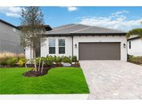 Single-story house with a two-car garage and well-manicured lawn at 16714 Savory Mist Cir, Bradenton, FL 34211