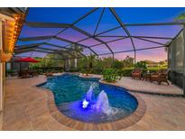 Screened pool featuring brick patio, water feature, and lounge area with nice sunset view at 19864 Petrino St, Venice, FL 34293