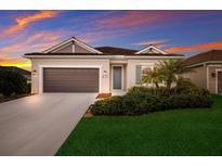 Beautiful one-story home with a lush green lawn, well-manicured landscaping and a sunset sky in the background at 176 Avens Dr, Nokomis, FL 34275