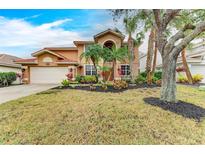 Two-story home featuring a well-manicured lawn with tropical landscaping, and a two-car garage at 223 Heritage Isles Way, Bradenton, FL 34212