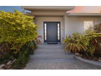 Contemporary home entry featuring a stylish blue door with glass sidelights and landscaped surroundings at 2458 Whippoorwill Cir, Sarasota, FL 34231