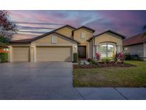 Charming home featuring a three-car garage, manicured landscaping, and inviting front entrance at 9214 Raes Creek Pl, Palmetto, FL 34221
