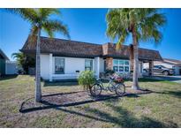 Charming single-story home with well-manicured lawn, mature palm trees, and a quaint bicycle accent at 13575 Martha Ave, Port Charlotte, FL 33981