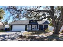 Charming single-story home with a well-manicured lawn and inviting front entrance with mature tree at 2900 Woodpine Ct, Sarasota, FL 34231