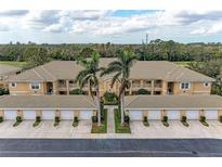 Aerial view of condo exterior and garages in a well-maintained community with mature trees at 6326 Grand Oak Cir # 203, Bradenton, FL 34203