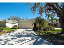 Charming single-story home featuring a well-manicured lawn, mature landscaping and a concrete driveway at 3116 Woodland Fern Dr, Parrish, FL 34219