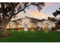 Stunning single-story home with lush landscaping, manicured lawn, and beautiful architectural details at 3902 162Nd E Ave, Parrish, FL 34219