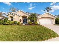 Well-maintained single Gathering home featuring lush landscaping, a 2 car garage, and a blue entry door at 10306 Palmbrooke Ter, Bradenton, FL 34202