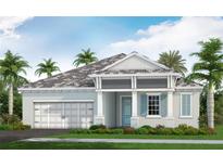 Charming single-story home with a two-car garage, blue shutters, and tropical landscaping at 17646 Meandering Palms Xing, Bradenton, FL 34212
