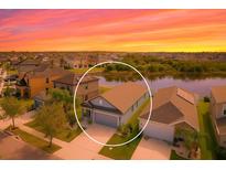 Beautiful aerial view of a well-maintained single-Gathering home near a tranquil lake at sunset at 1819 Redmond Brook Ln, Ruskin, FL 33570