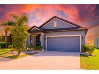Charming single-Gathering home with blue siding, lush landscaping, and two-car garage at 1819 Redmond Brook Ln, Ruskin, FL 33570