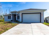 Modern single-story home featuring a two-car garage, covered entry, and a concrete driveway at 10 Mast Dr # 1, Placida, FL 33946