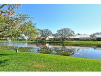 Scenic water view with a fountain, mature trees, and lush green grass behind residential homes at 4149 Salernes Ave # 3048, Sarasota, FL 34233