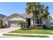 Charming single-story home featuring a well-manicured lawn and mature palm trees in a landscaped front yard at 14355 59Th E Cir, Bradenton, FL 34211