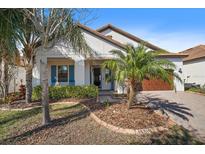 Charming home with a well-manicured front yard and a two-car garage and some lovely palm trees at 16810 Scuba Crest St, Wimauma, FL 33598