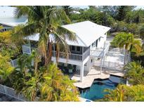 Aerial view showcasing the home with a private pool, screened porch, and lush landscaping in a desirable location at 123 Hammock Rd, Anna Maria, FL 34216