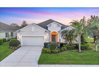 Charming single-story home with a well-manicured lawn, lush landscaping, and an attached two-car garage at 4623 Claremont Park Dr, Lakewood Ranch, FL 34211