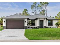 Charming single-story home featuring a well-maintained lawn, modern architectural details, and a two-car garage at 2375 Saybrook Ave, North Port, FL 34286