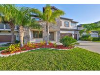 Beautiful two-story home with stone accents, lush landscaping, and a well-maintained green lawn at 11408 Drifting Leaf Dr, Riverview, FL 33579