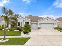 Charming single-story home with a three-car garage and lush tropical landscaping at 559 Spotted Slipper Pl, Ruskin, FL 33570