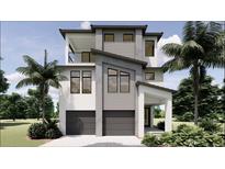 Modern two-story home with a two-car garage, balcony, and tropical landscaping at 4903 Commonwealth Dr, Sarasota, FL 34242