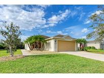 Charming single-story home with a manicured lawn, mature landscaping, and a two-car garage with a warm beige color scheme at 9767 50Th Street E Cir, Parrish, FL 34219